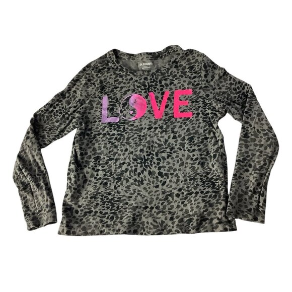 Old Navy Girls Leopard Print Love Graphic Shirt Long Sleeve Size M (8) Gray - Picture 1 of 9